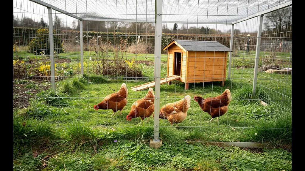 Enclos sécurisé avec grillage pour poules dans un jardin rural français