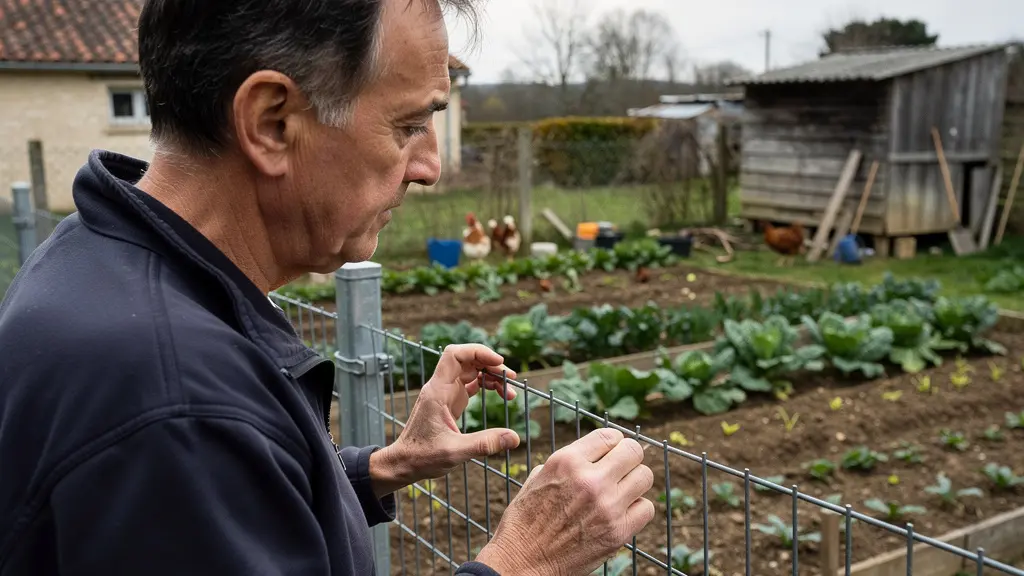 Éleveur vérifiant la tension du grillage d'un enclos à poules
