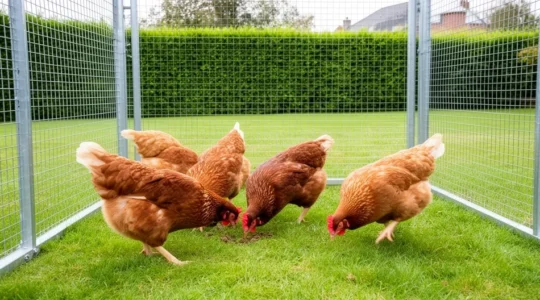 Poules picorant dans un enclos sécurisé avec grillage galvanisé visible