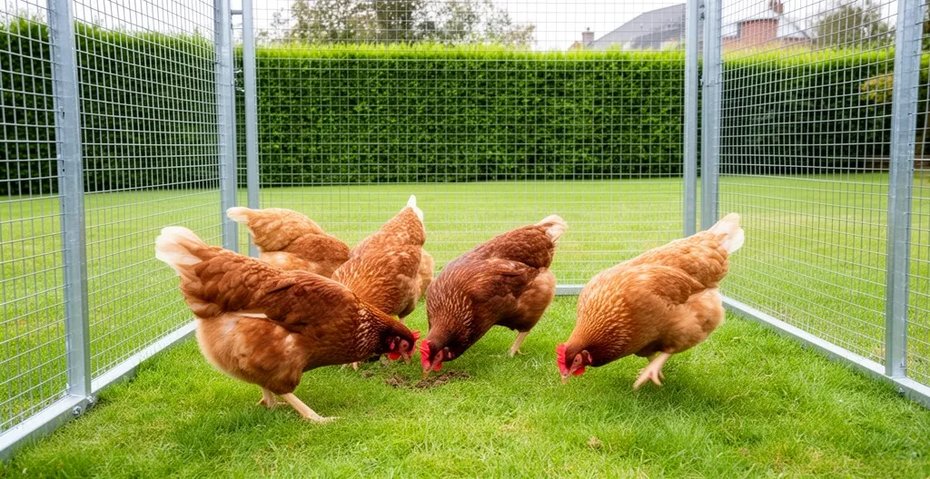 Poules picorant dans un enclos sécurisé avec grillage galvanisé visible