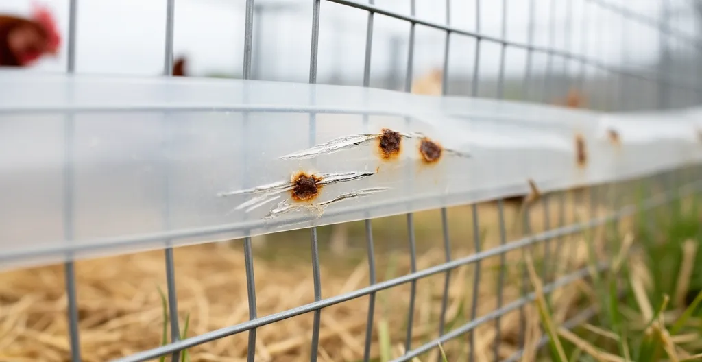 Détail de grillage plastifié montrant des signes de corrosion sous le revêtement