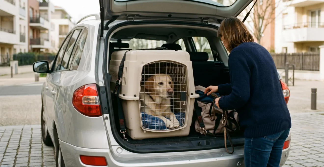 Coffre de voiture ouvert avec cage de transport en plastique rigide beige fixée par sangles, Labrador doré calme à l'intérieur, parking résidentiel français