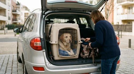 Coffre de voiture ouvert avec cage de transport en plastique rigide beige fixée par sangles, Labrador doré calme à l'intérieur, parking résidentiel français