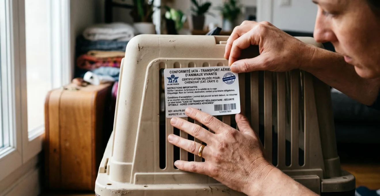 Mains de femme vérifiant étiquette certification IATA en français sur porte de cage plastique beige, salon contemporain avec valise en arrière-plan