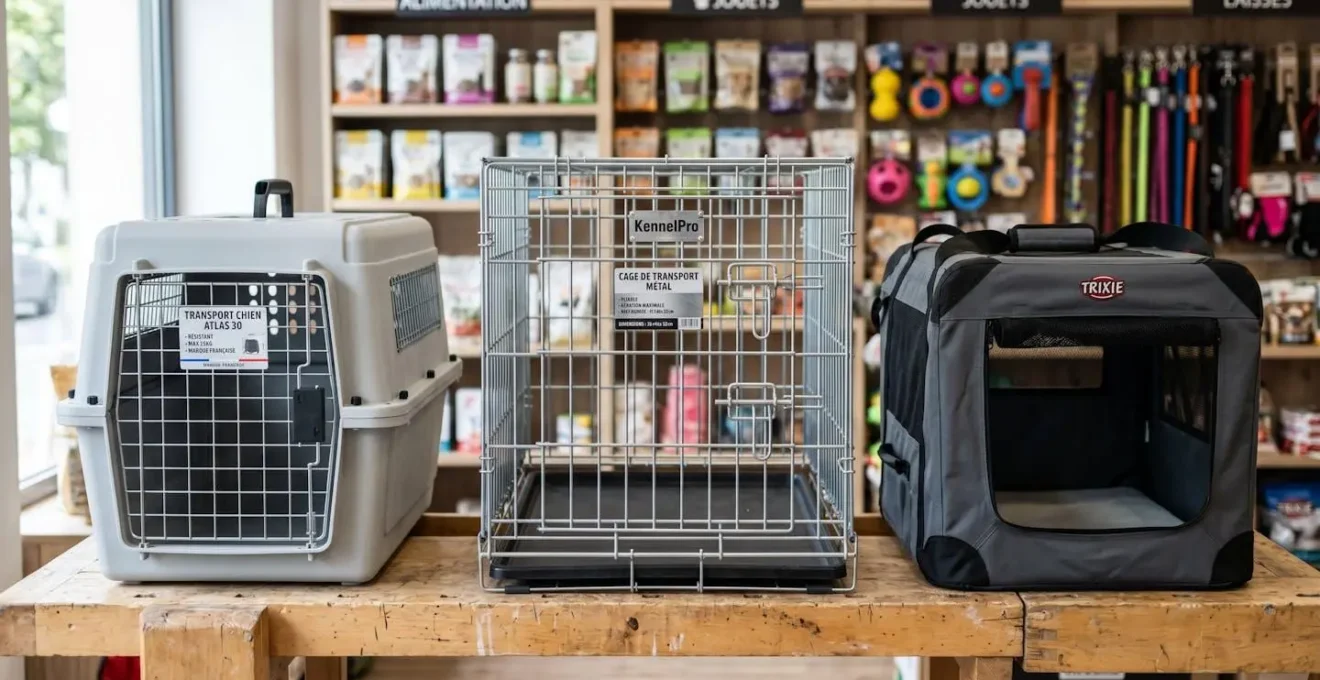 Trois cages de transport alignées sur établi : plastique rigide gris, métal à barreaux, tissu souple anthracite, boutique équipements canins